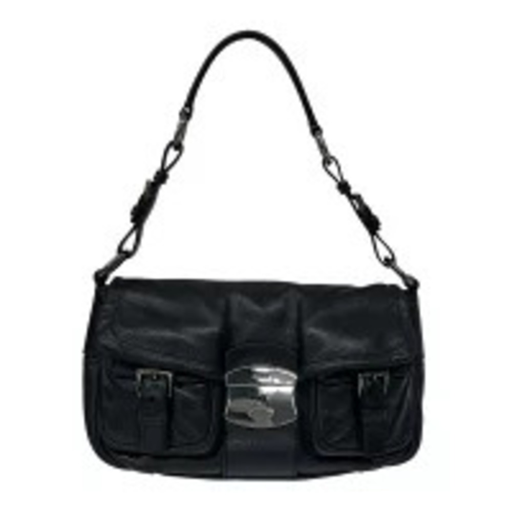 Prada Double Pocket Shoulder Bag Leather Semi Shoulder Handbag Black